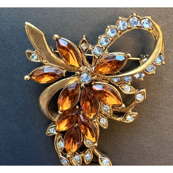 Vintage KC Floral Flower Nature Gold Tone Amber & Blue Rhinestones Brooch 2" - Picture 2 of 5